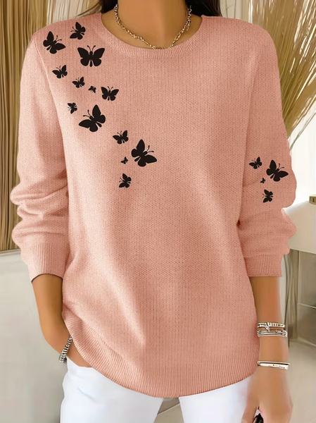 Women Butterfly Printing Spring/Fall Casual Long Sleeve Crew Neck Sweater, JustFashionNow Sweaters, color:Pink|size:5XL,