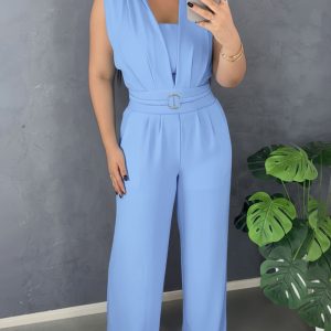 V Neck Lace-Up Waist Meatl Buckle Jumpsuit Casual Shirred Wide Leg Romper, women Jumpsuits, ChicMe catalog