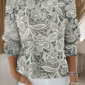 Women Floral Vintage Long Sleeve Crew Neck Winter Sweater, JustFashionNow Sweaters, color:Silver Gray|size:XXL