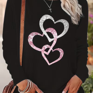 Women Heart/Cordate Long Sleeve Tee T-shirt Crew Neck Printing Casual Spring/Fall Graphic Tee Top, JustFashionNow T-Shirts, color:Black|size:XXL,