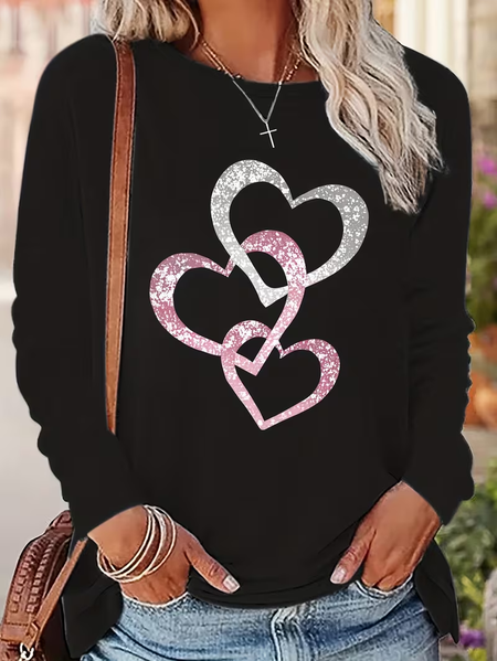 Women Heart/Cordate Long Sleeve Tee T-shirt Crew Neck Printing Casual Spring/Fall Graphic Tee Top, JustFashionNow T-Shirts, color:Black|size:XXL,