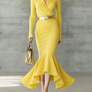 Elegant Plain Cross Neck Midi Dress No Belt, Maxi Dresses, color:As Picture|size:XXL, Stylewe