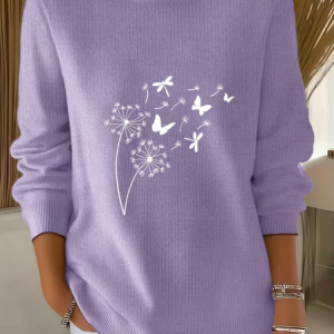 Women Floral Printing Spring/Fall Casual Long Sleeve Crew Neck Sweater, JustFashionNow Sweaters, color:Purple|size:5XL,