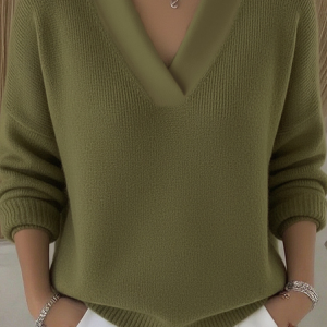 Women Plain Split Joint Spring/Fall Street Long Sleeve V Neck Cotton Sweater, JustFashionNow Sweaters, color:Black|size:5XL,