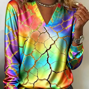Casual Geometric V Neck Long Sleeve T-shirt, T-shirts, color:As Picture|size:5XL, catalog Noracora shop