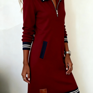 Women Color Block Spring/Fall Dress V Neck Long Sleeve A-Line Dress, Midi, color:Wine Red|size:3XL, catalog Noracora shop