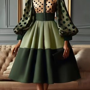 Elegant Polka Dots Balloon Sleeve Printing Shirt Collar Midi Dress, Midi Dresses, color:Green|size:XXL, Stylewe