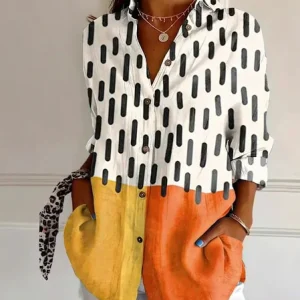 Shawl Collar Three Quarter Sleeve Polka Dots Regular Loose Shirt For Women, Shirts, color:As Picture|size:4XL, catalog Noracora shop