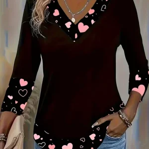 Women Heart/Cordate Long Sleeve Tee T-shirt V Neck Printing Casual Spring/Fall Graphic Tee Top, JustFashionNow T-Shirts, color:Black|size:XXL