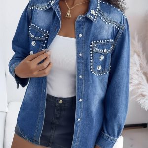 Vintage Rhinestone & Pearls Decor Turn-down Collar Button Front Curved Hem Coat Casual Floral Pattern Flap Pockets Design Washed Denim Coat, women Jackets & Coat, ChicMe catalog