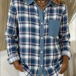 Shawl Collar Long Sleeve Plaid Regular Micro-Elasticity Loose Shirt For Women, Shirts, color:Blue|size:4XL, catalog Noracora shop