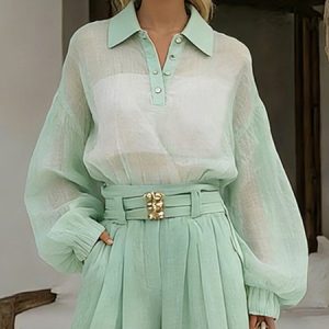 Cotton And Linen Casual Plain Polo Collar Balloon Sleeve Blouse, Blouses and Shirts, color:Green|size:XXL, Stylewe