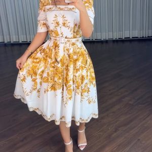 Floral Print Square Neck Puff Sleeve Pleated Front Dress Heart Button Decor Shirred Back Cinched Waist Vacation Dress with Belt, women Casual Dresses, ChicMe catalog
