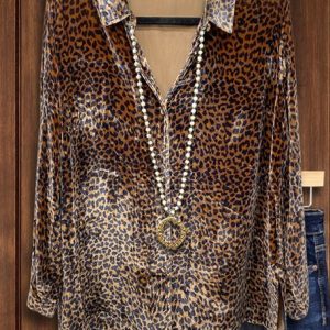 Shawl Collar Three Quarter Sleeve Leopard Regular Micro-Elasticity Loose Shirt For Women, Shirts, color:Brown|size:4XL, catalog Noracora shop