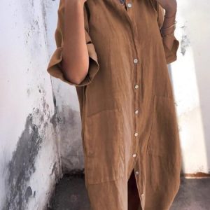 Women Plain All Season Dress Shirt Collar Half Sleeve Shirt Dress H-Line Dress, Dresses, color:Khaki|size:5XL, catalog Noracora shop