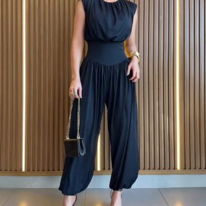 Padded Shoulders Sleeveless Cinched Waist Side High Slit Overalls Casual Hollow-out Back Ruched Jumpsuit, women Jumpsuits, ChicMe catalog