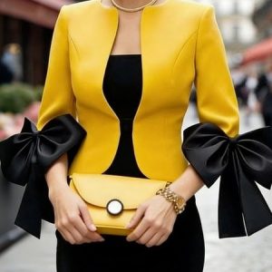 Elegant  Bow Plain Crew Neck Jacket, Jackets, color:Yellow|size:XXL, Stylewe