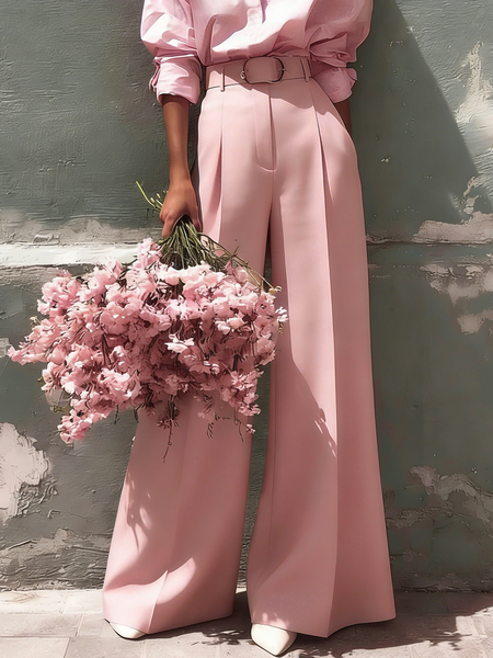 Urban Plain Wide Leg Pants With Belt, Pants, color:Pink|size:XXL, Stylewe