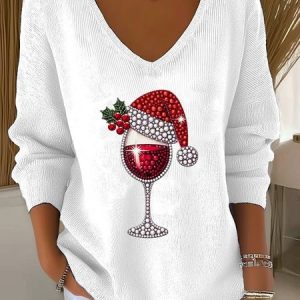 Women's Wine Glass Christmas Hat Print V-Neck Sweater, Hoodies & Sweatshirts, color:White|size:4XL, catalog Noracora shop