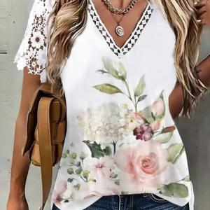 Casual Floral Pattern V Neck Short Sleeve T-shirt, T-shirts, color:Pink|size:3XL, catalog Noracora shop