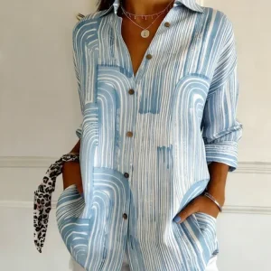 Women Striped Shawl Collar Long Sleeve Shirt Casual Daily Spring/Fall Top, JustFashionNow Blouses, color:Blue|size:5XL