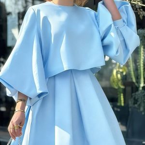 Elegant Plain Crew Neck Balloon Sleeve Blouse, Blouses and Shirts, color:Blue|size:XXL, Stylewe