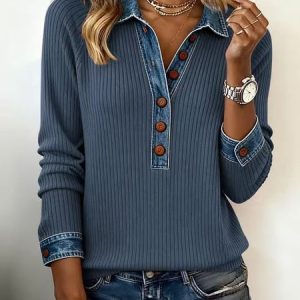 Multicolor Block Shawl Collar Loose Vintage Knit Top, Hoodies & Sweatshirts, color:Dark Blue|size:3XL, catalog Noracora shop