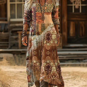 Women Abstract Spring/Fall Printing Dress V Neck Long Sleeve H-Line Dress, Dresses, color:As Picture|size:5XL, catalog Noracora shop