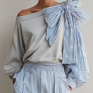 Urban Striped Bow Cold Shoulder Balloon Sleeve Blouse, Blouses and Shirts, color:Light Gray|size:XXL, Stylewe