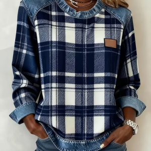 Vintage Crew Neck Plaid Sweatshirt Printing, Hoodies & Sweatshirts, color:Blue|size:4XL, catalog Noracora shop