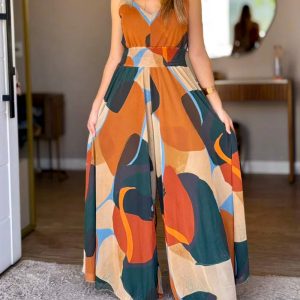 Abstract Print V-Neck Stretchy Thick Straps High Waist Backless Overalls Casual Shirred Waist Cinched Waist Wide Leg Jumpsuit, women Jumpsuits, ChicMe catalog