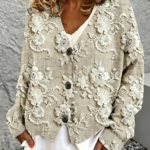 V Neck Long Sleeve Floral Regular Loose Blouse For Women, Shirts, color:Apricot|size:4XL, catalog Noracora shop
