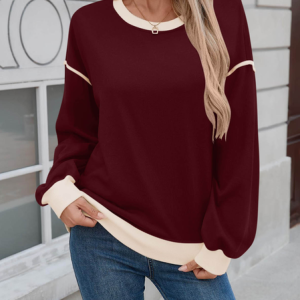 Vintage Crew Neck Color Block Sweatshirt, Hoodies & Sweatshirts, color:Wine Red|size:XXL, catalog Noracora shop