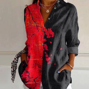 Shawl Collar Long Sleeve Floral Regular Loose Shirt For Women, Shirts, color:As Picture|size:4XL, catalog Noracora shop