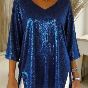 Elegant Plain V Neck Extra-long Sleeve T-shirt, T-shirts, color:Blue|size:3XL, catalog Noracora shop