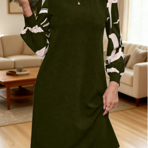 Women Geometric Spring/Fall Dress Crew Neck Long Sleeve Fit & Flare Dress A-Line Dress, Dresses, color:Green|size:XXL, catalog Noracora shop