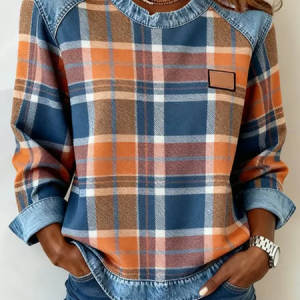 Vintage Crew Neck Plaid Sweatshirt Printing, Hoodies & Sweatshirts, color:Orange|size:4XL, catalog Noracora shop