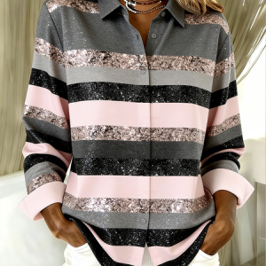 Shirt Collar Long Sleeve Striped Regular Loose Shirt For Women, Shirts, color:Gray|size:5XL, catalog Noracora shop