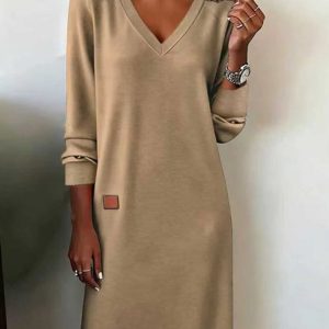 Women Plain Long Sleeve Spring/Fall Split Joint Dress V Neck Daily Casual Maxi T-Shirt Dress A-Line Dress, JustFashionNow Dresses, color:Khaki|size:3XL,
