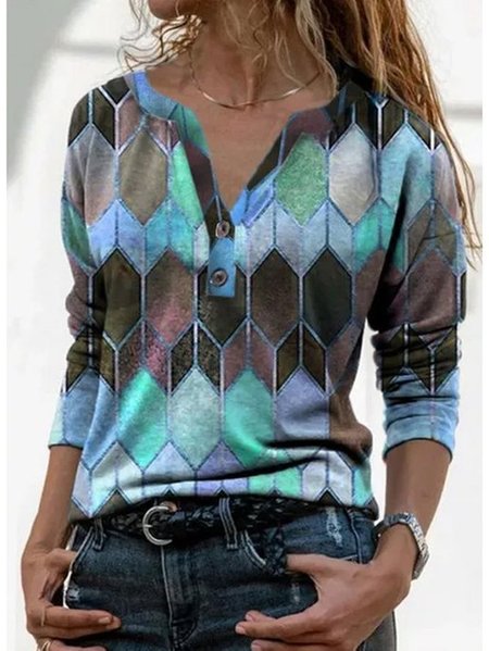 Women Abstract Graphic Long Sleeve Tee T-shirt V Neck Casual Spring/Fall Top, JustFashionNow T-Shirts, color:Blue|size:5XL