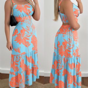 Floral Print Square Neck Adjustable Straps Shirred Back Maxi Dress Casual Cutout Waist Ruffle Hem Vacation Dress, women Print Dresses, ChicMe catalog