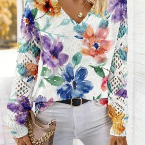 V Neck Long Sleeve Geometric Regular Micro-Elasticity Regular Fit Blouse For Women, Blouses, color:Multicolor|size:XL, catalog Noracora shop