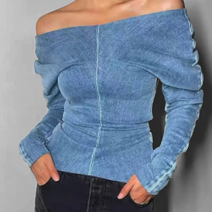Urban Plain Cold Shoulder Denim Top, Blouses and Shirts, color:Denim Blue|size:XXL, Stylewe