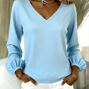 Vintage Plain V Neck Long Sleeve T-shirt, T-shirts, color:Blue|size:XL, catalog Noracora shop