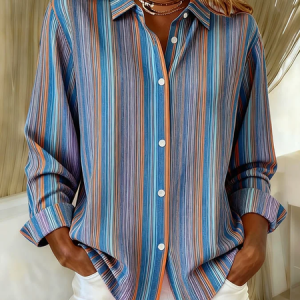 Shirt Collar Regular Sleeve Long Sleeve Striped Buckle Regular Loose Button Up Shirt Shirt For Women, Shirts, color:Blue|size:XXL, catalog Noracora shop
