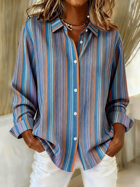 Women Striped Long Sleeve Shirt Spring/Fall Buckle Shirt Collar Regular Sleeve Daily Casual Top, JustFashionNow Shirts, color:Blue|size:XXL,