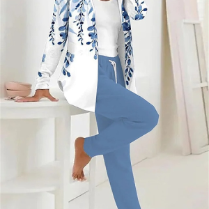 Women Floral Printing Two-Piece Set Daily Long Sleeve Casual Spring/Fall Coat With Pants Matching Set, JustFashionNow Suit Set, color:Blue|size:XXL,