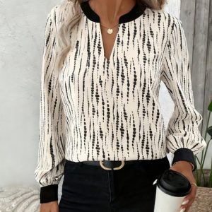 V Neck Long Sleeve Striped Regular Loose Blouse For Women, Blouses, color:As Picture|size:XXL, catalog Noracora shop