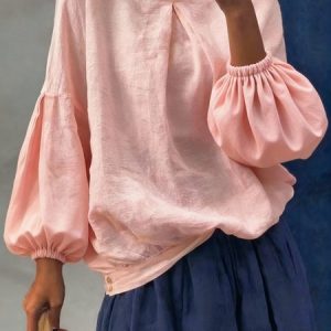 Stand Collar Long Sleeve Plain Regular Loose Blouse For Women, Blouses, color:Pink|size:3XL, catalog Noracora shop