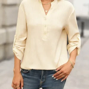 V Neck Long Sleeve Plain Regular Loose Blouse For Women, Blouses, color:Apricot|size:XXL, catalog Noracora shop